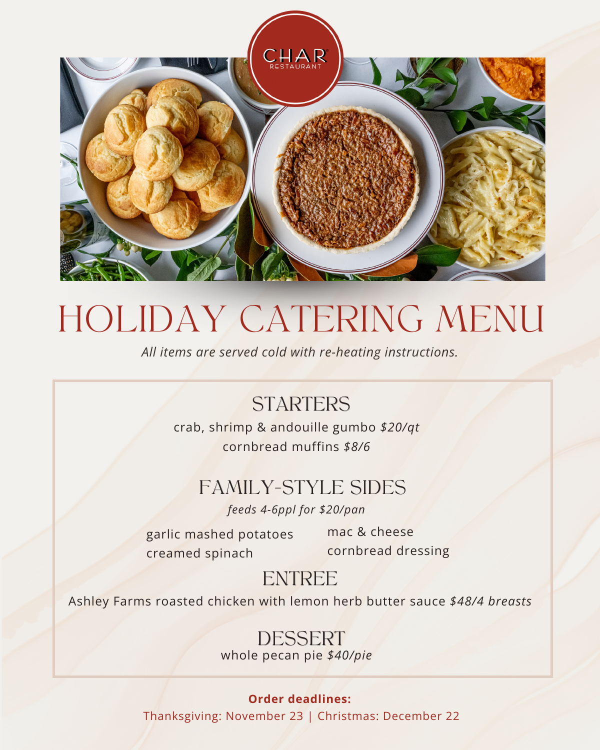 Char holiday catering menu. View the PDF for the full accessible entries